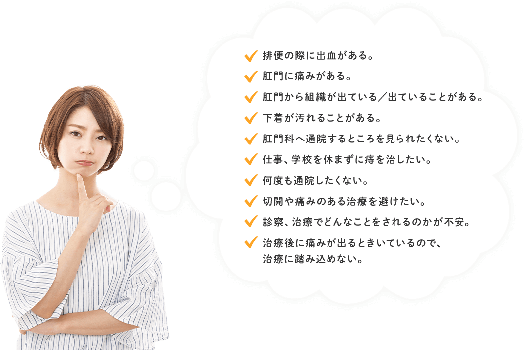 排便の際に出血がある、肛門に痛みがある、肛門から組織が出ている／出ていることがある、など