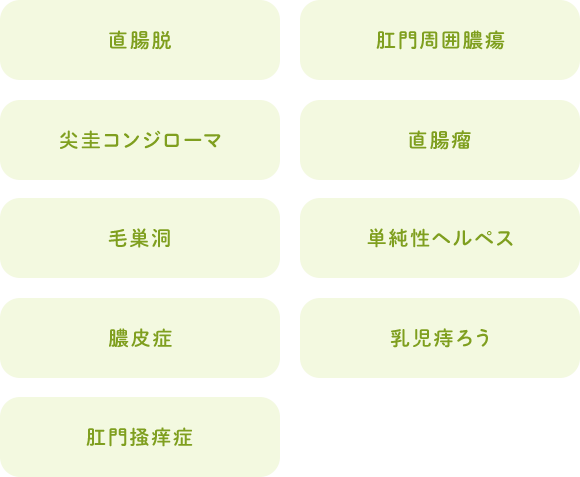 直腸脱 肛門周囲膿瘍 尖圭コンジローマ 直腸瘤 毛巣洞 単純性ヘルペス 膿皮症 乳児痔ろう 肛門掻痒症