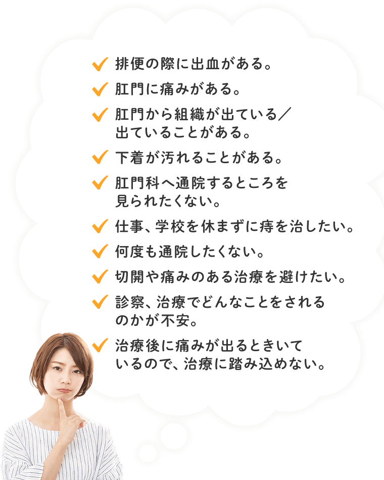 排便の際に出血がある、肛門に痛みがある、肛門から組織が出ている／出ていることがある、など